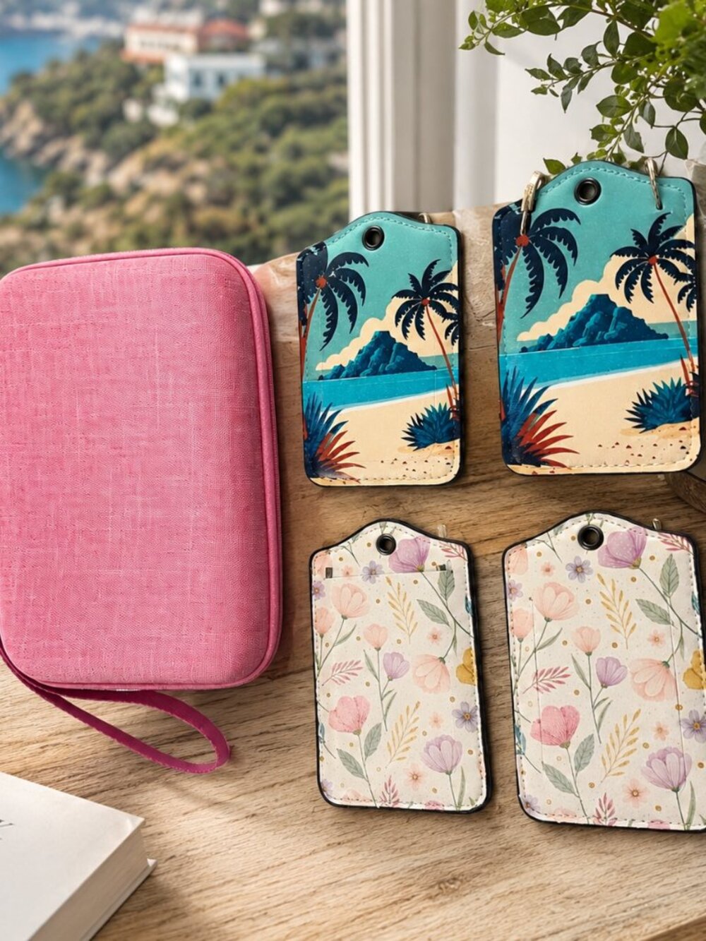 Pink Travel Organizer & Luggage Tag Set Floral and Tropical Leather  (5-Piece)
